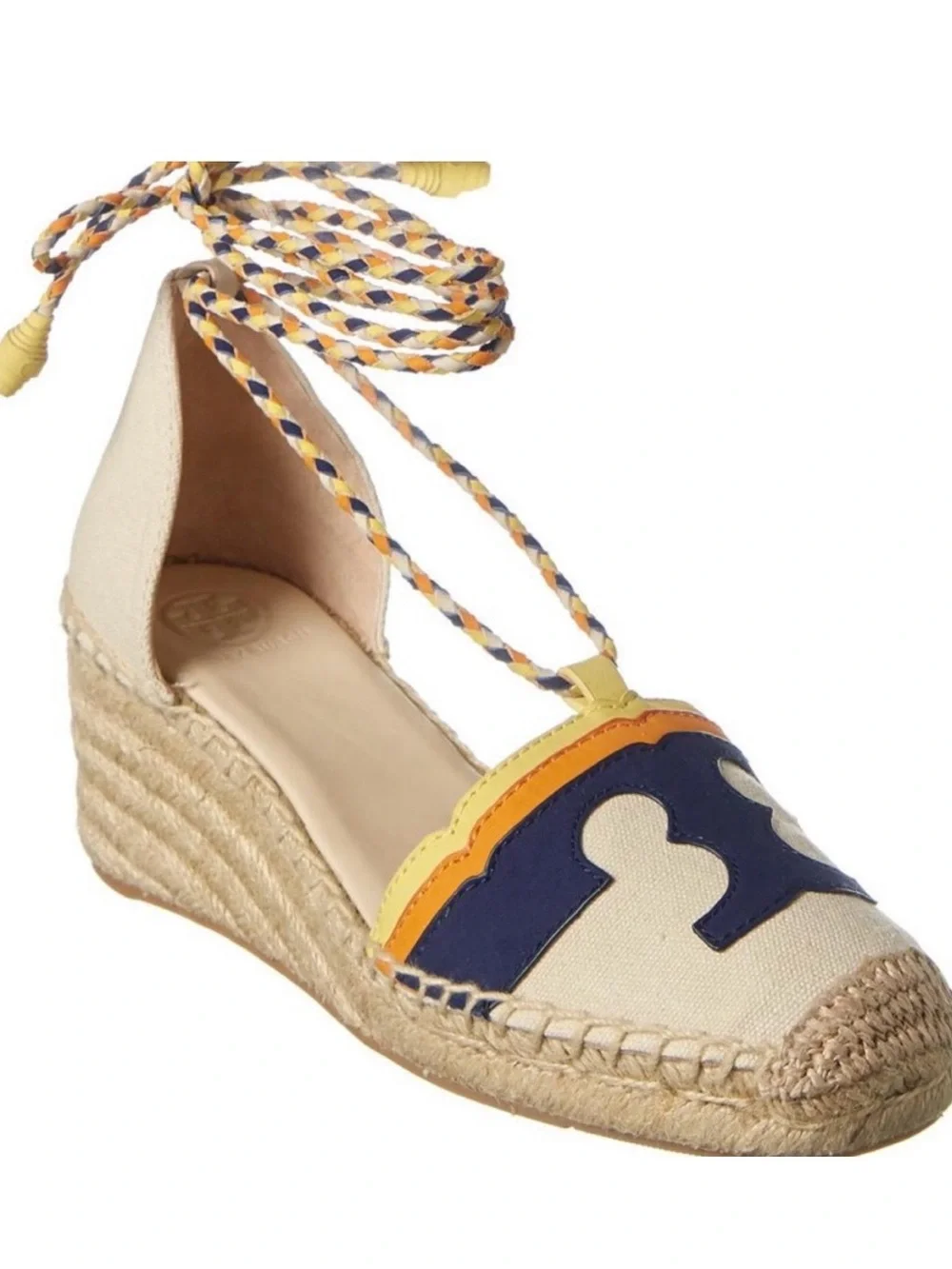 Tory Burch Laguna Canvas Espadrille Wedges with Navy Logo ankle wrap